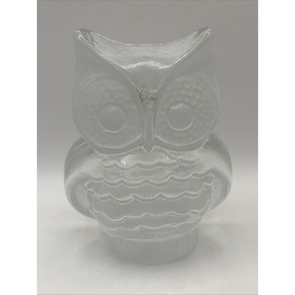 Viking Glass Clear Art Glass Owl Paperweight Bookend Sticker 6.25" x 5" VTG